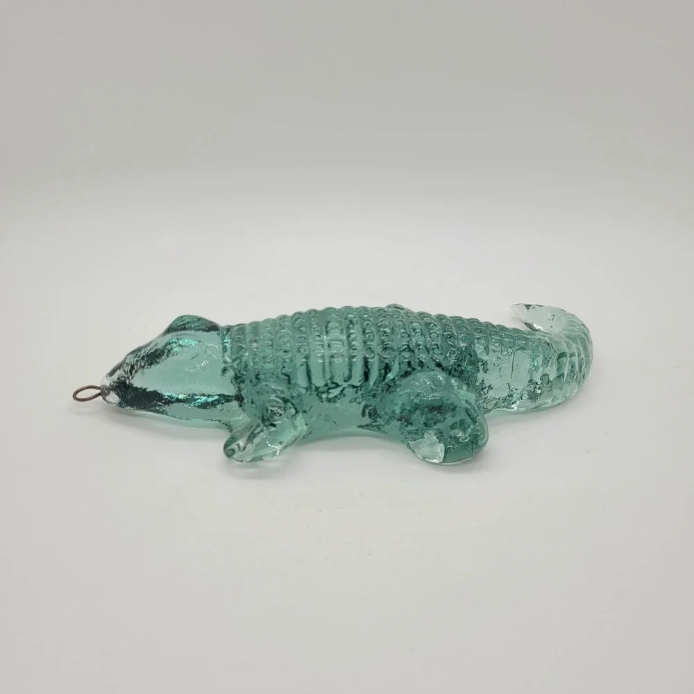 Vintage Art Glass Alligator Figurine Teal Green Textured Crocodile Ornament 6.5